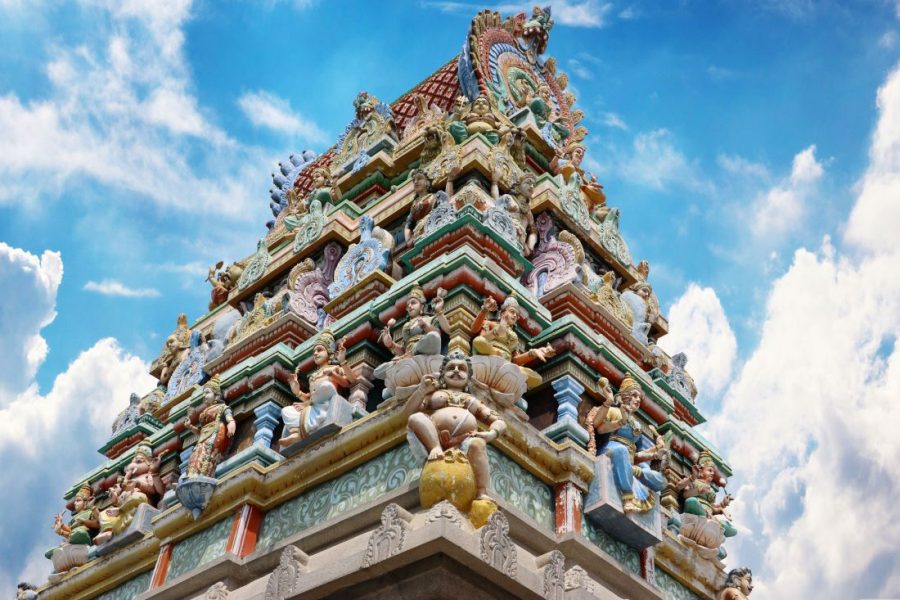 Colourful statues of Indian gods on a temple. 