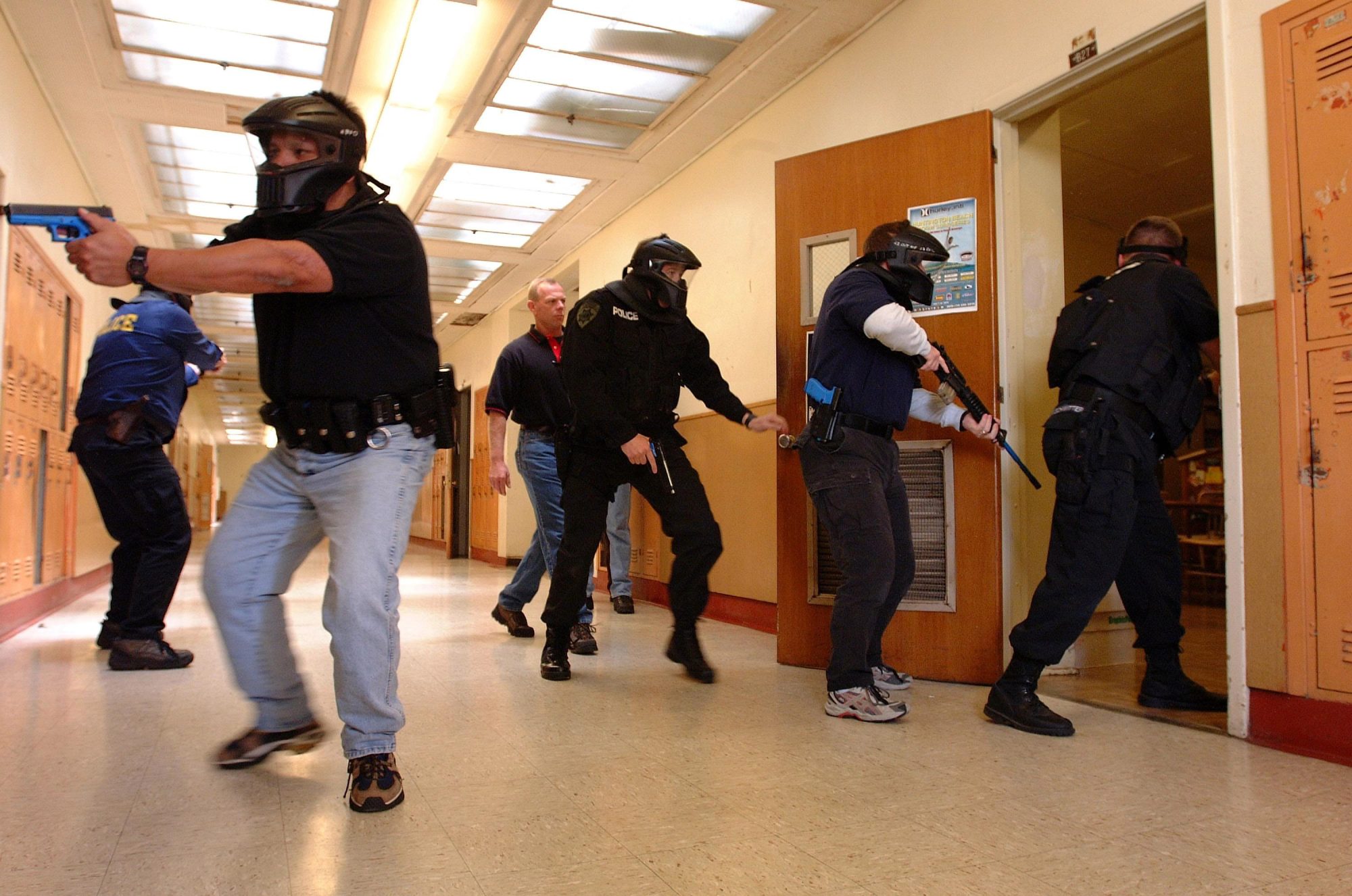 Swat team in a school hallway