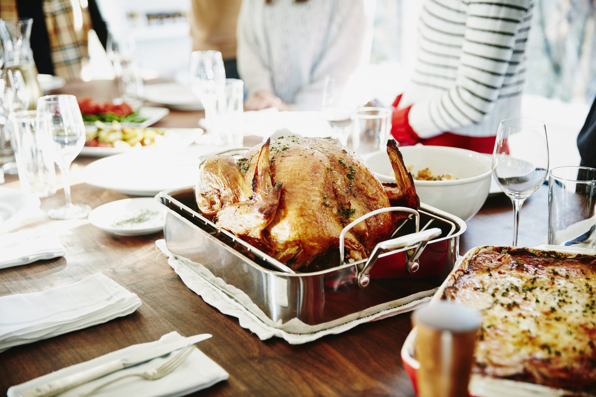 An image of a turkey in a pan on thanksgiving.