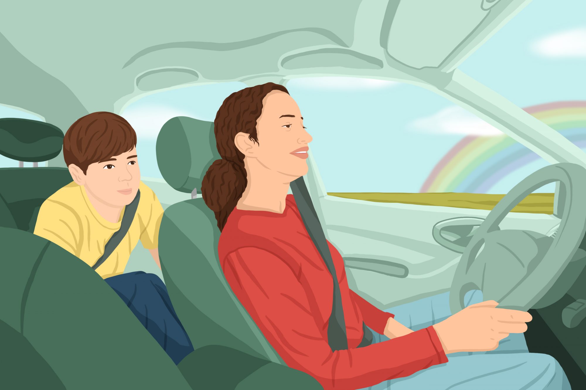 An illustration of a mom driving with her son.