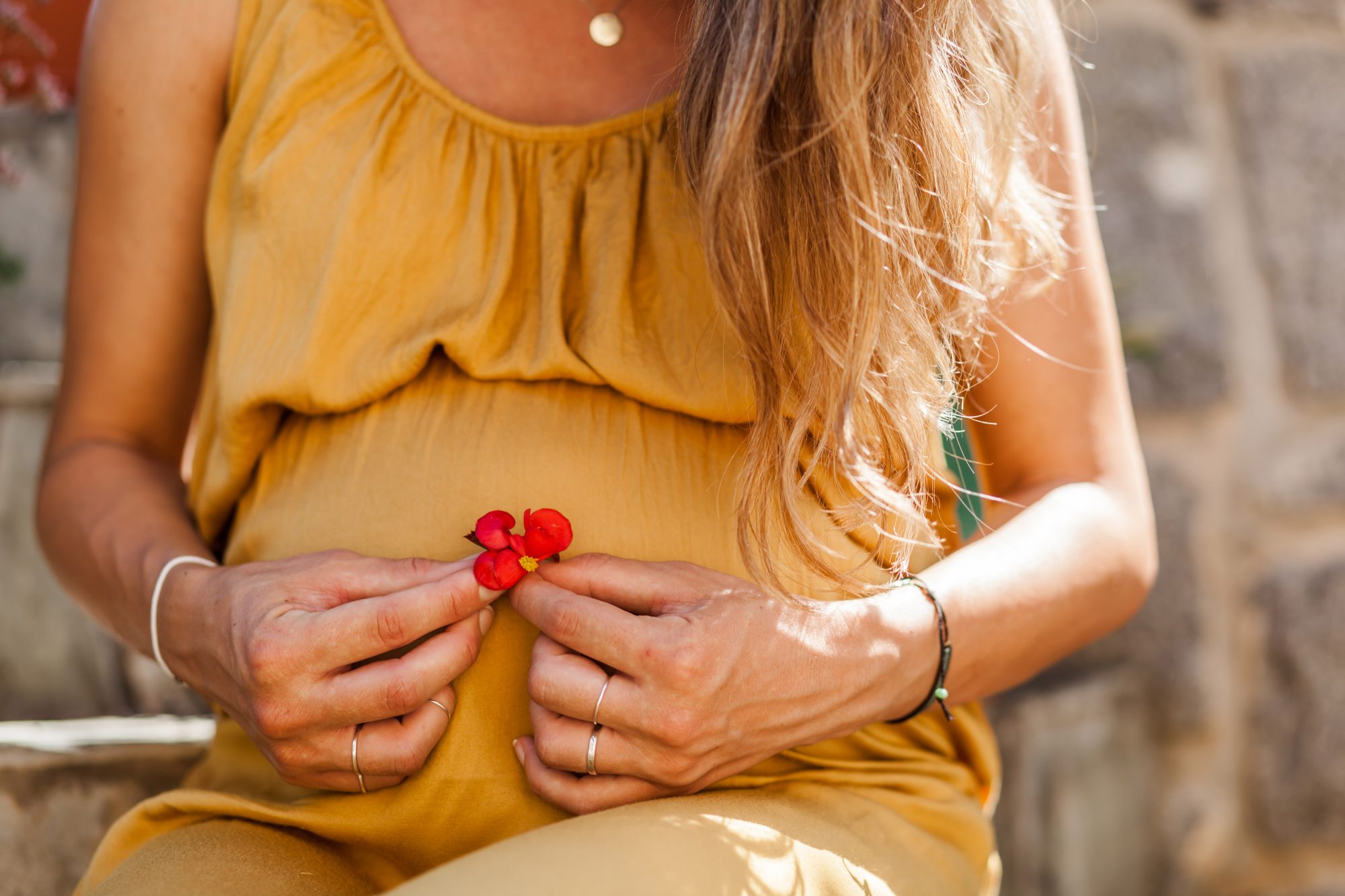 An image of a pregnant woman holding a flower.