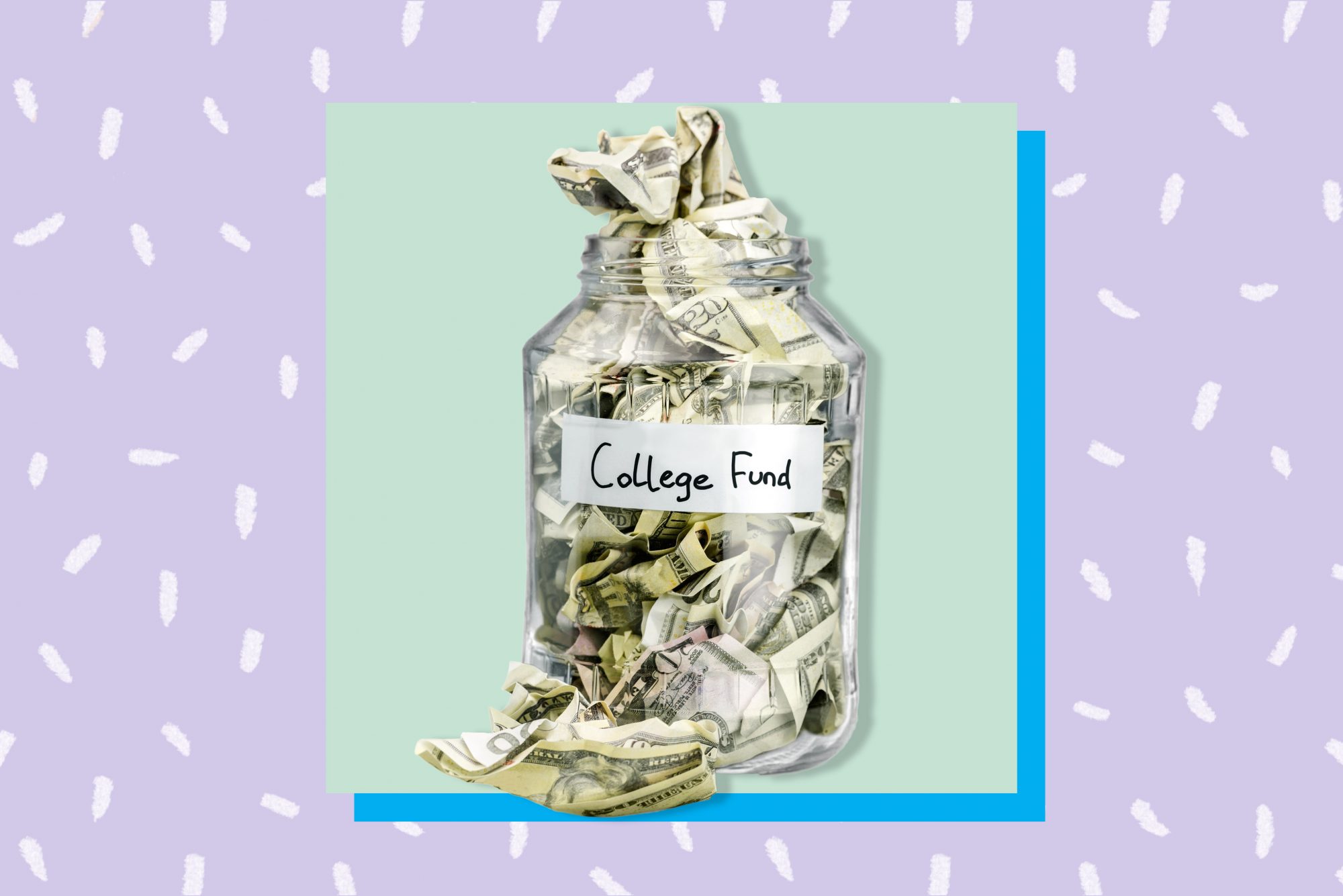 An image of a jar with money in it on a colorful background.