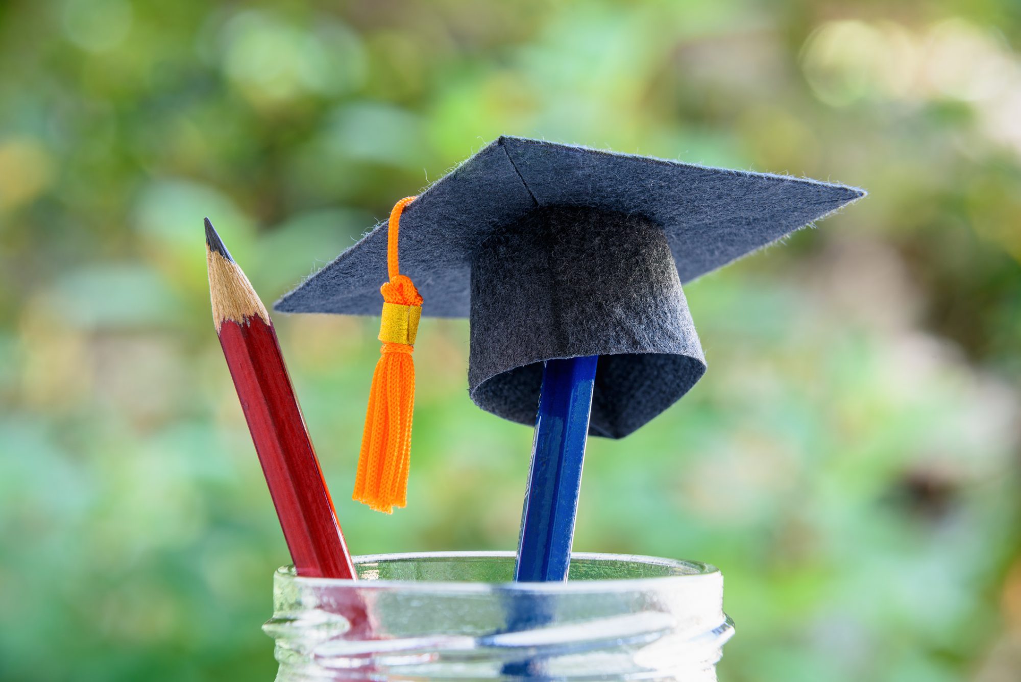 An image of a graduation cap with pencils in a bottle.