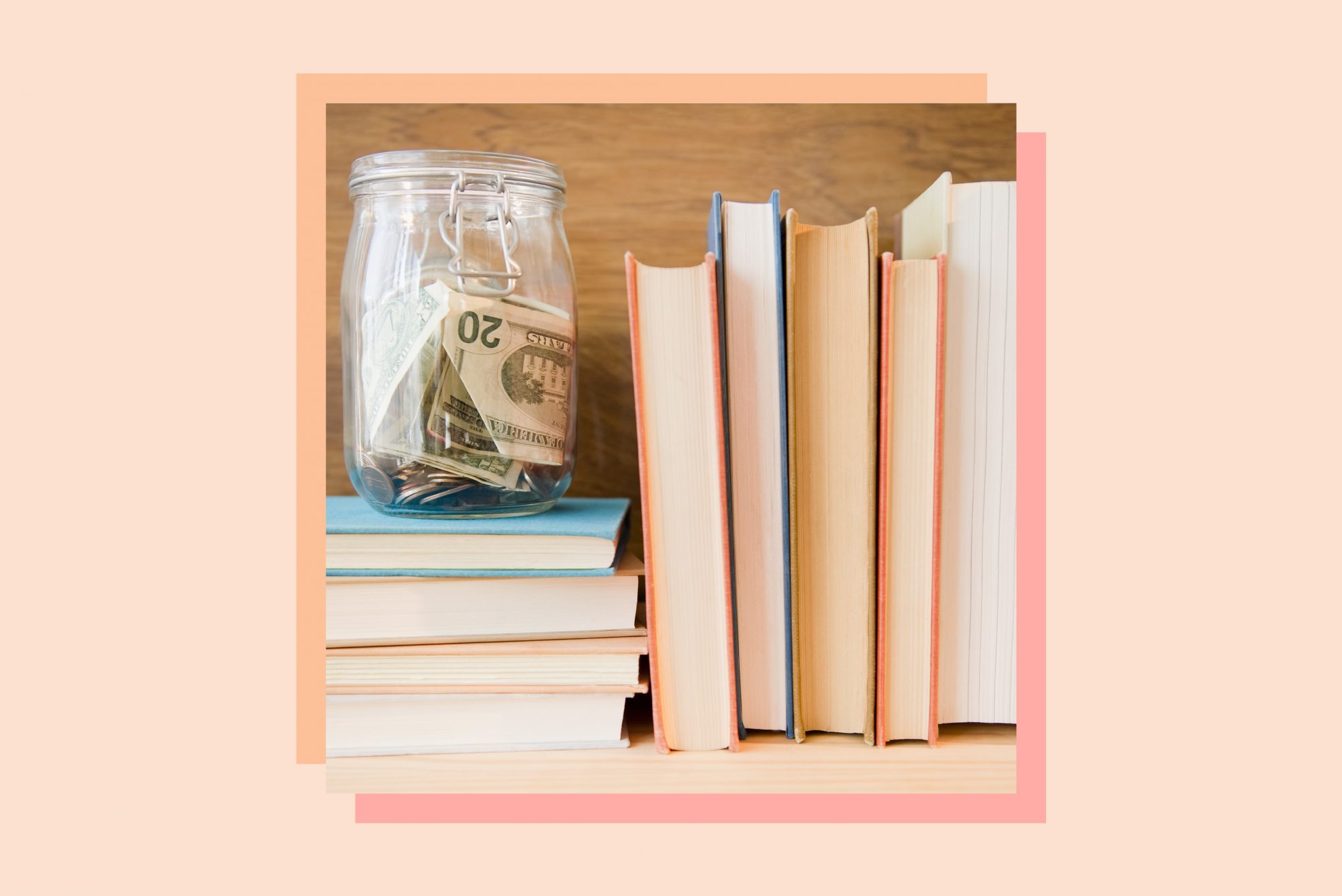 An image of a jar of money and books.