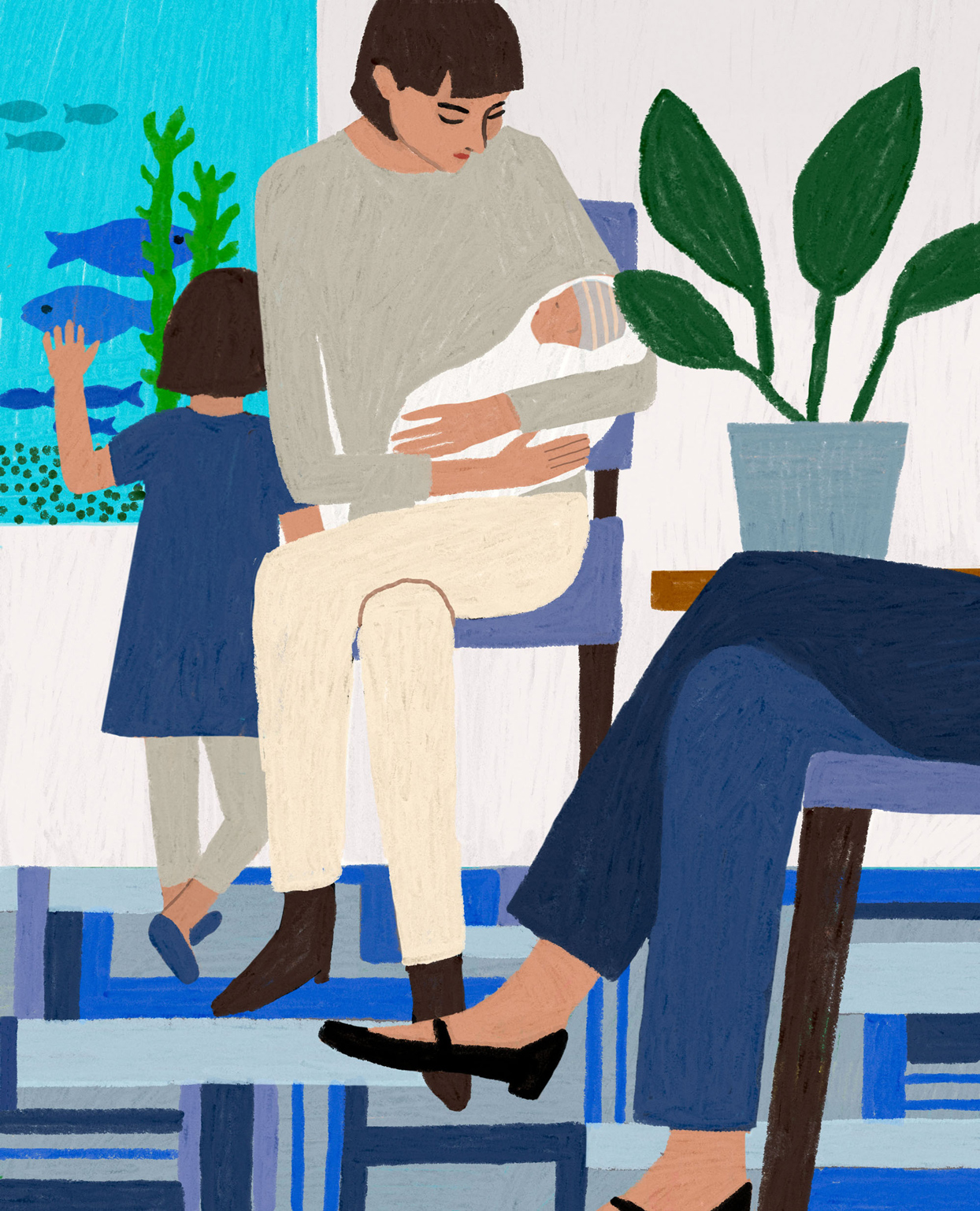 illustration of mother holding baby in waiting room