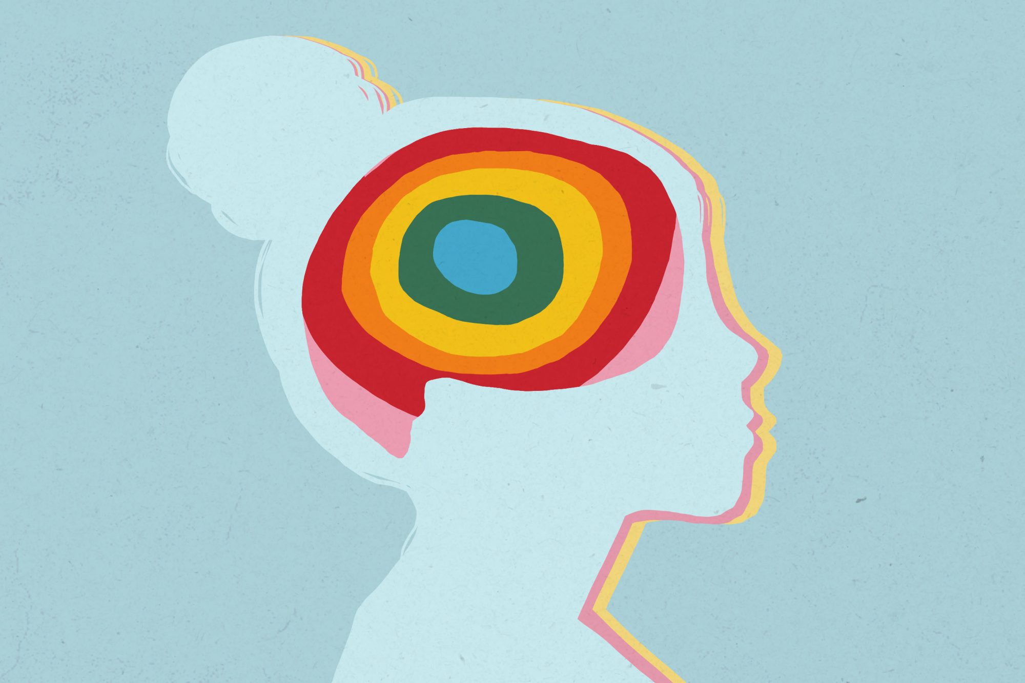 An abstract illustration of a child with a rainbow brain.