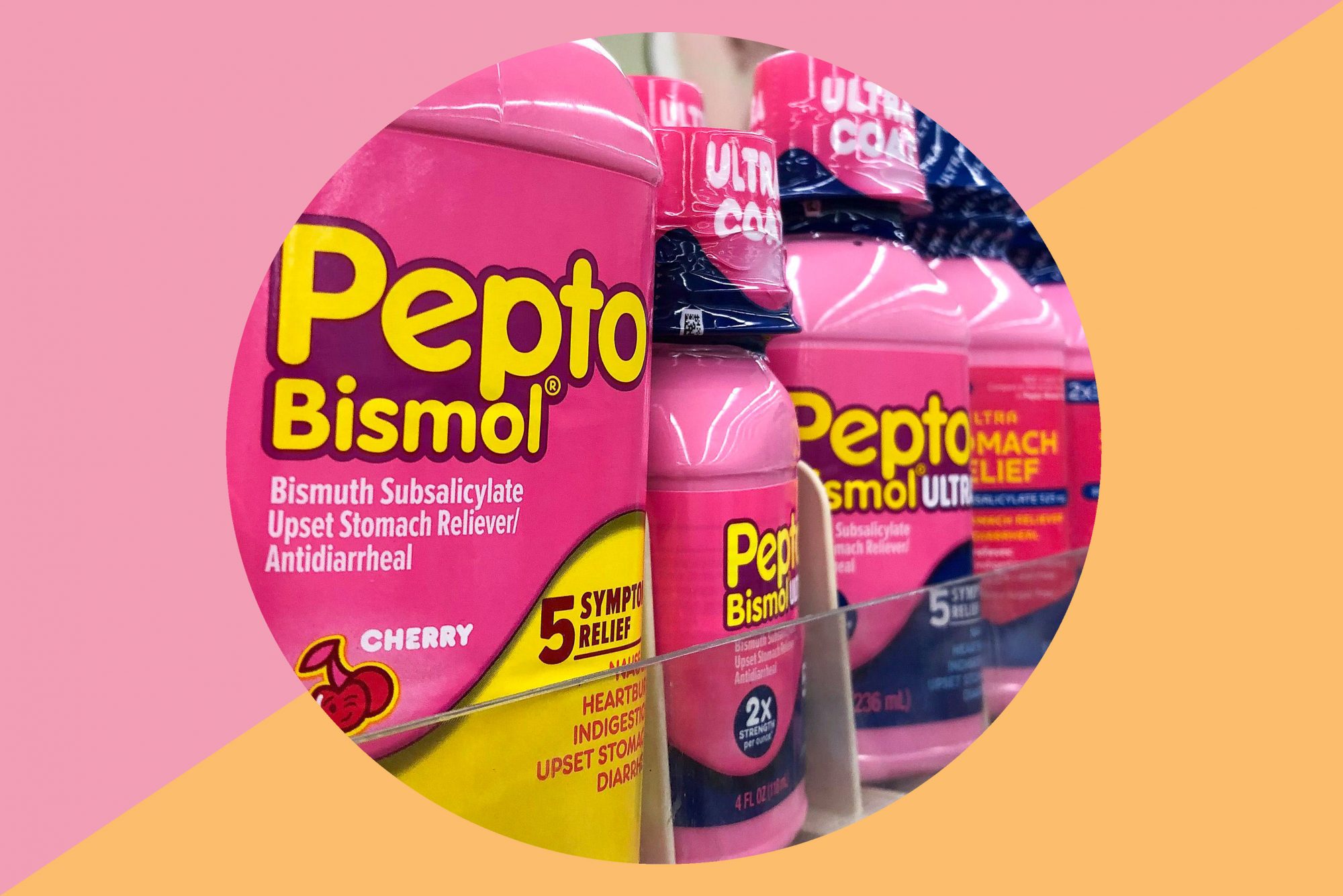 An image of Pepto Bismol on a colorful background.