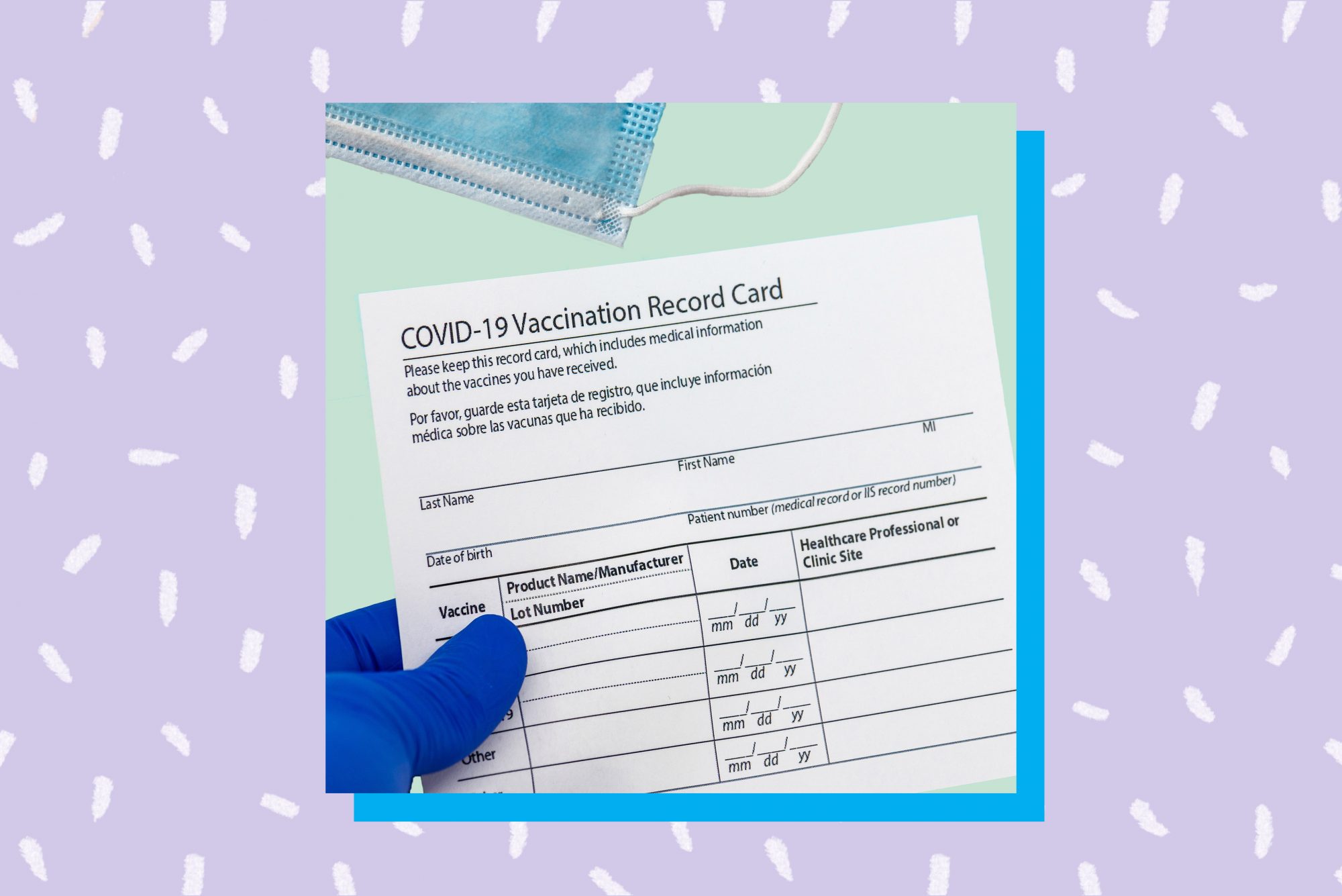 An image of a COVID-19 vaccination card on a colorful background.
