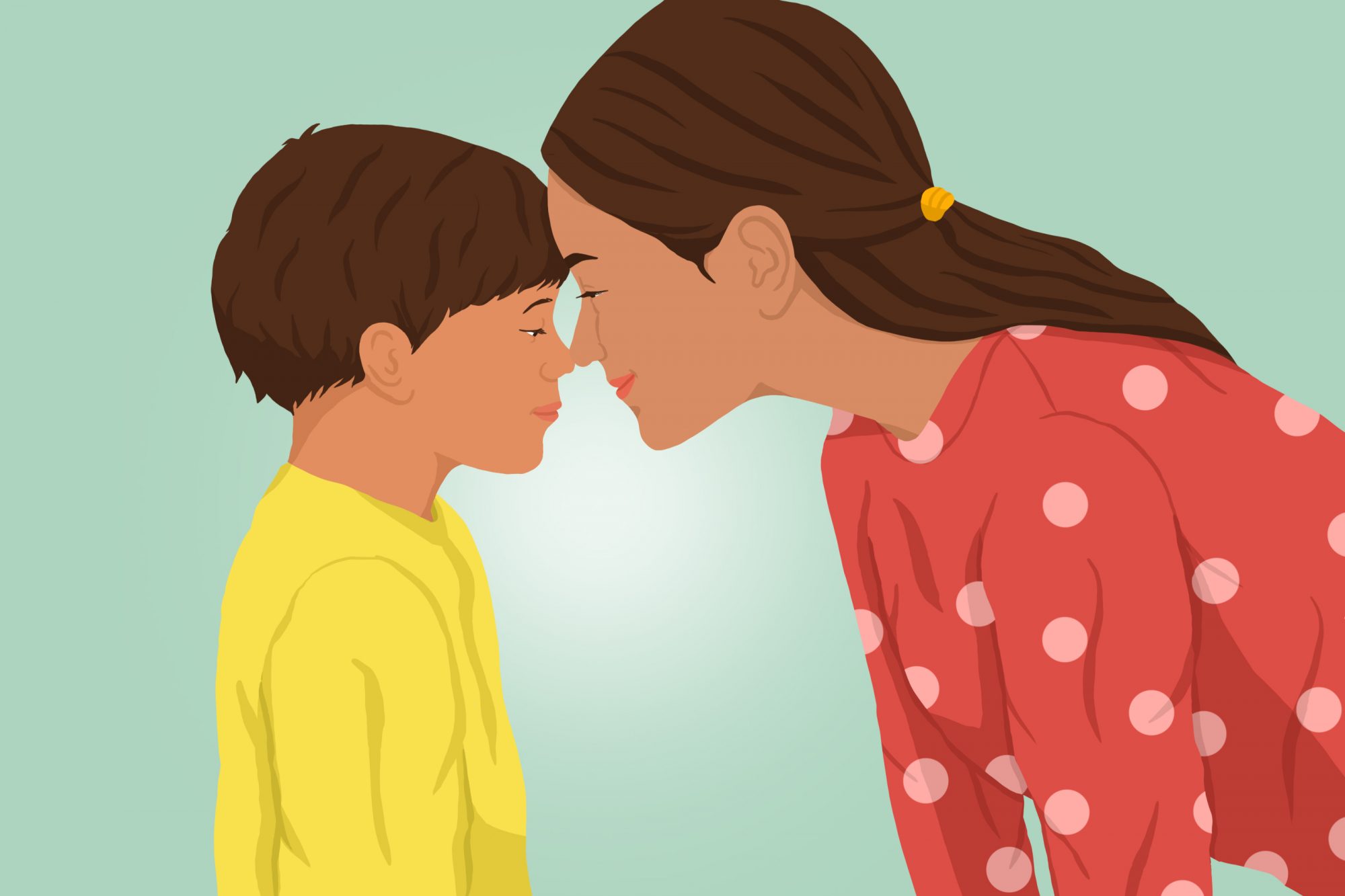 An illustration of a mom and a her son.